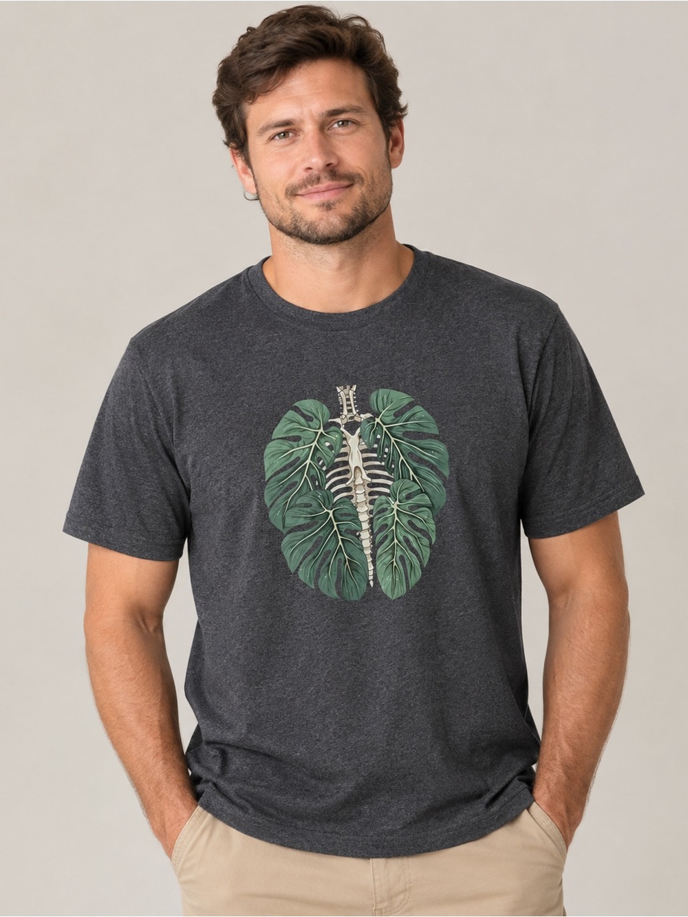 Botanical Anatomy Short-Sleeve Tee with Green Monstera Ribcage Graphic - Size L